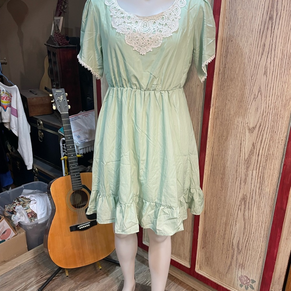 Allegra K Mint Green Dress with Lace Detail